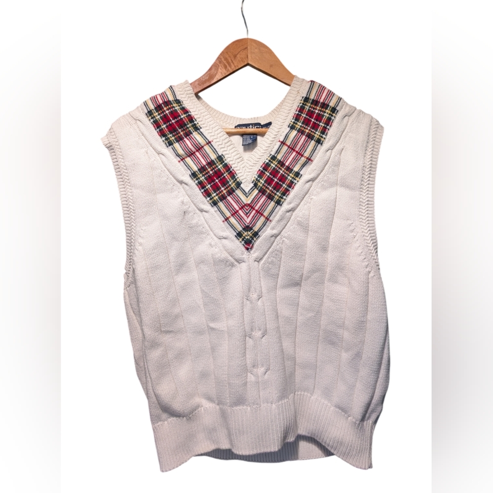 Vintage Nautica Sweater Vest Plaid Ivory Cable Knit